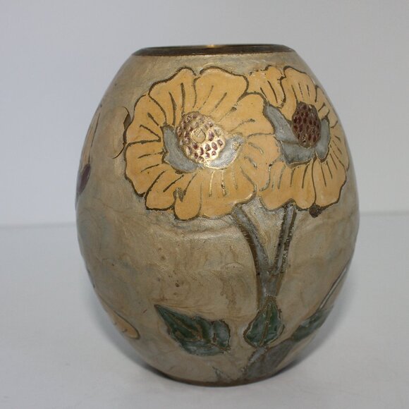 Vintage Brass & Enamel Cloisonne Handpaint Floral Vase Made in India 4-3/4" Tall - Picture 1 of 9